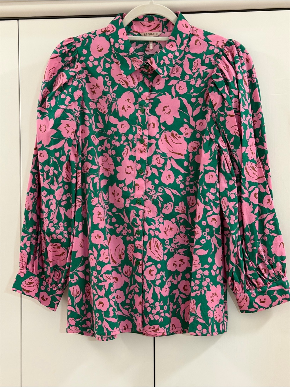 EsQualo Pink Green Floral Puff Sleeve Button Down Blouse Size 8